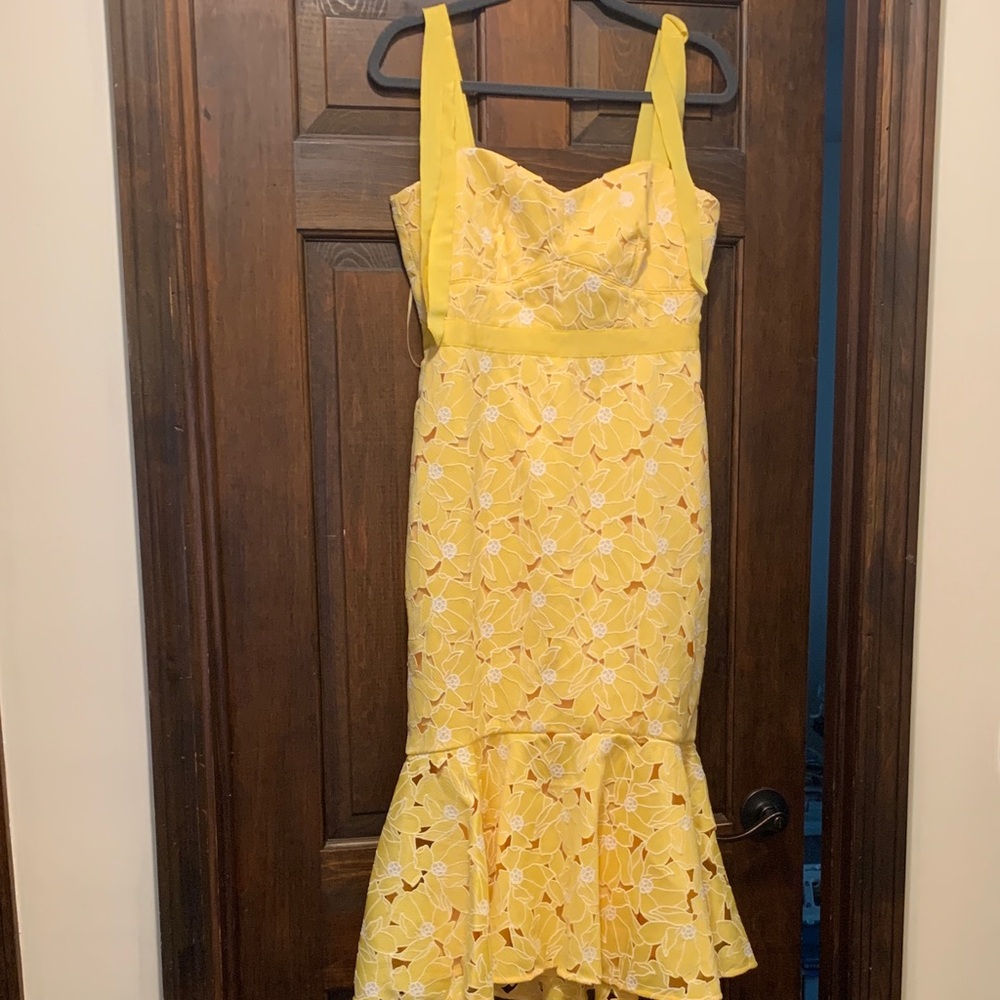 J. Crew Yellow Floral Lace Midi Dress with Flounce Hem